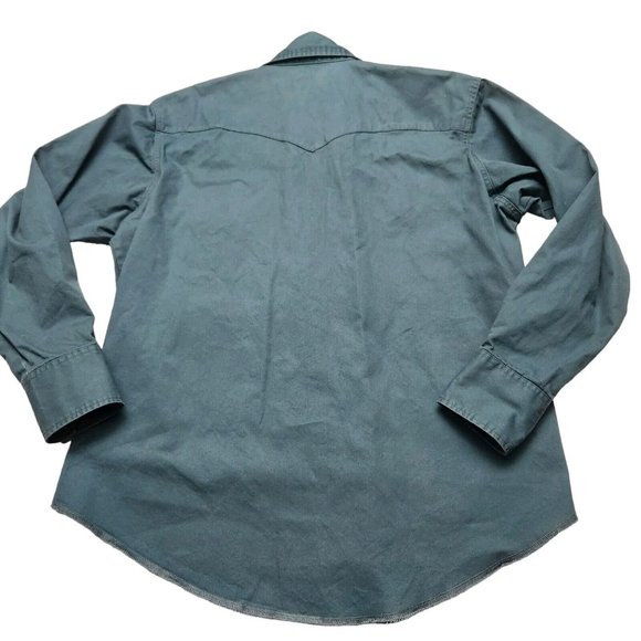 Vintage Wrangler Blue Green Bushpopper Heavy Denim Pearl Snap Long Sleeve - Picture 6 of 7